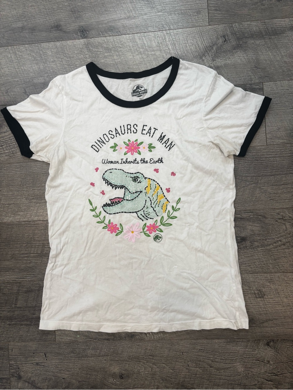 Jurassic Park' White Ringer Tee - Dinosaurs Eat Man Graphic
